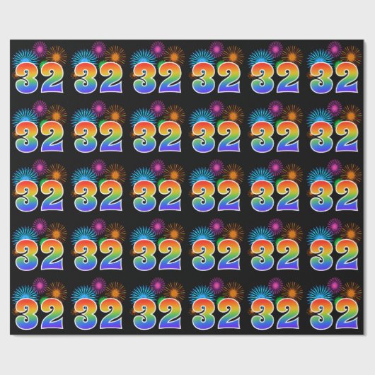 Fun Fireworks + Rainbow Pattern "32" Event Number Cadeaupapier (Vlak)
