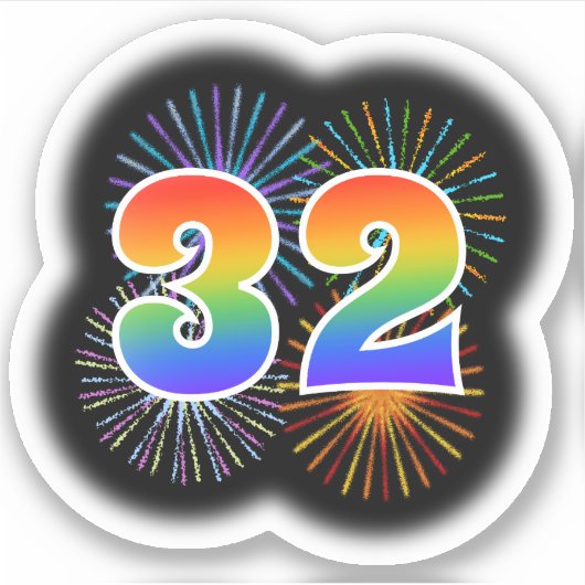 Fun Fireworks + Rainbow Pattern "32" Event # Sticker (Voorkant)
