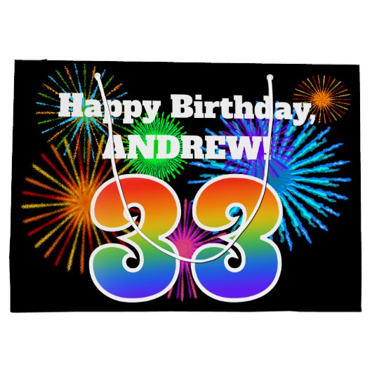 Fun Fireworks + Rainbow Pattern "33" Birthday # Groot Cadeauzakje (Achterkant)