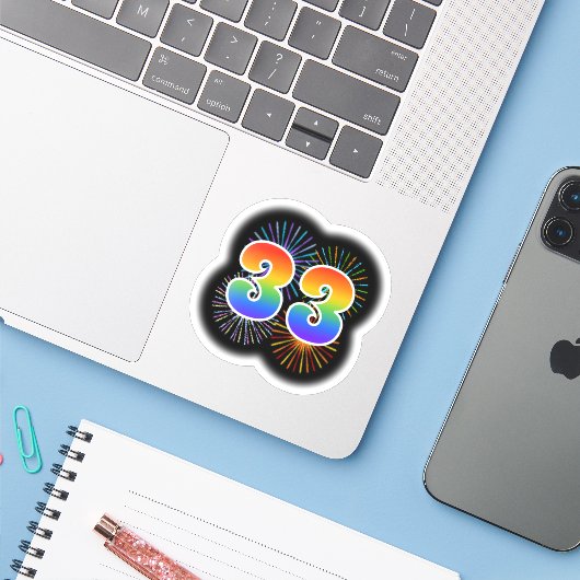 Fun Fireworks + Rainbow Pattern "33" Event # Sticker (Laptop met iPhone)