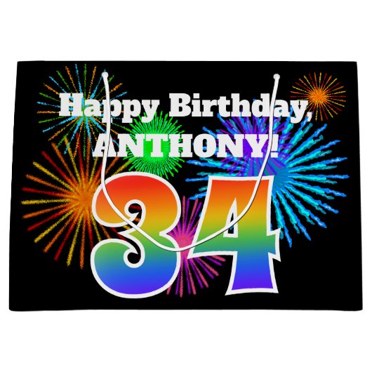 Fun Fireworks + Rainbow Pattern "34" Birthday # Groot Cadeauzakje (Voorkant)
