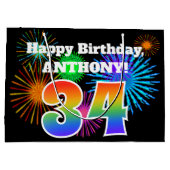 Fun Fireworks + Rainbow Pattern "34" Birthday # Groot Cadeauzakje (Achterkant)