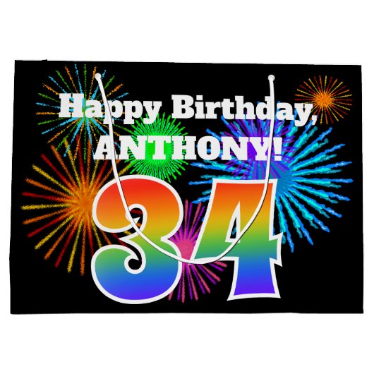 Fun Fireworks + Rainbow Pattern "34" Birthday # Groot Cadeauzakje (Achterkant)