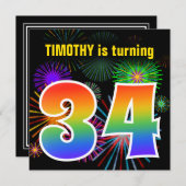 Fun Fireworks + Rainbow Pattern "34" Birthday # Kaart (Voorkant / Achterkant)