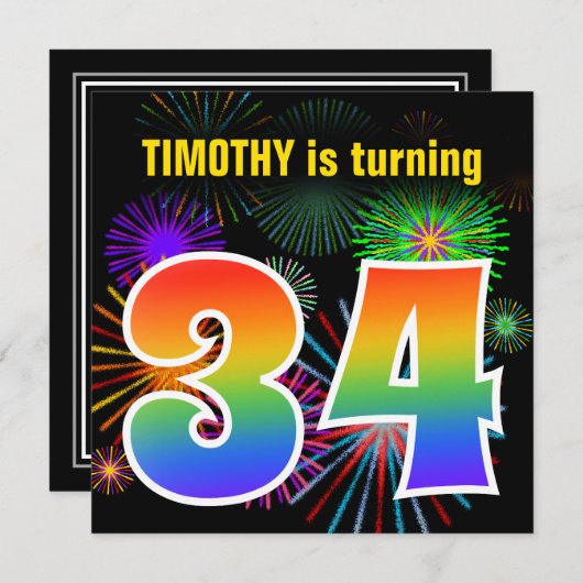 Fun Fireworks + Rainbow Pattern "34" Birthday # Kaart (Voorkant / Achterkant)