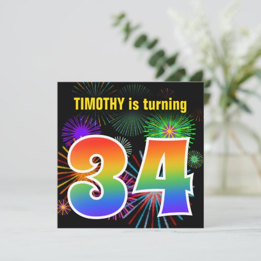 Fun Fireworks + Rainbow Pattern "34" Birthday # Kaart (Staand voorkant)