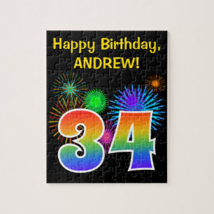 Fun Fireworks + Rainbow Pattern "34" Birthday # Legpuzzel