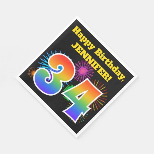 Fun Fireworks + Rainbow Pattern "34" Birthday # Servet (Hoek)