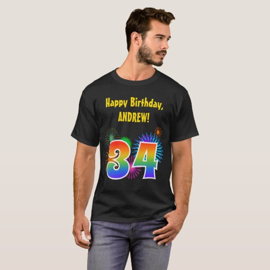Fun Fireworks + Rainbow Pattern "34" Birthday # T-shirt (Voorkant volledig)