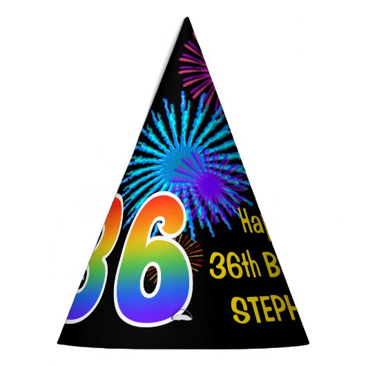 Fun Fireworks + Rainbow Pattern "36" Birthday # Feesthoedjes (Links)