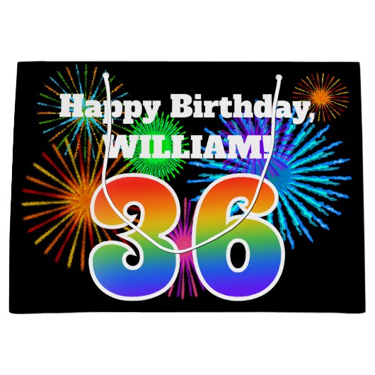 Fun Fireworks + Rainbow Pattern "36" Birthday # Groot Cadeauzakje (Voorkant)