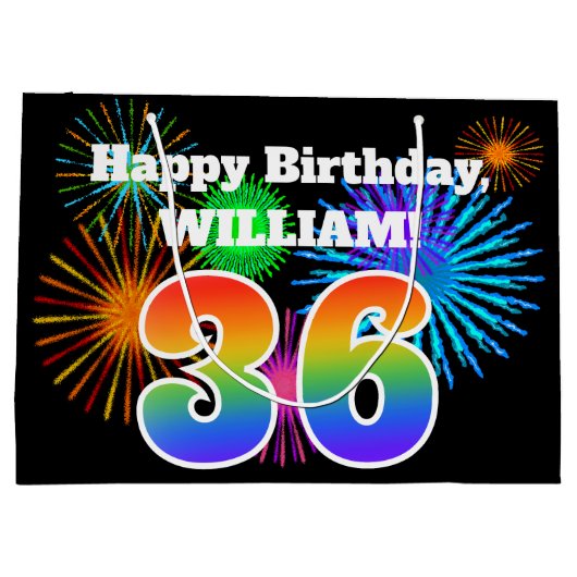 Fun Fireworks + Rainbow Pattern "36" Birthday # Groot Cadeauzakje (Achterkant)