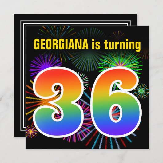 Fun Fireworks + Rainbow Pattern "36" Birthday # Kaart (Voorkant / Achterkant)