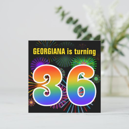 Fun Fireworks + Rainbow Pattern "36" Birthday # Kaart (Staand voorkant)