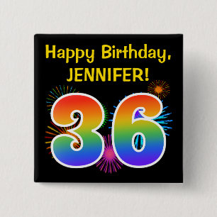 Fun Fireworks + Rainbow Pattern "36" Birthday # Vierkante Button 5,1 Cm