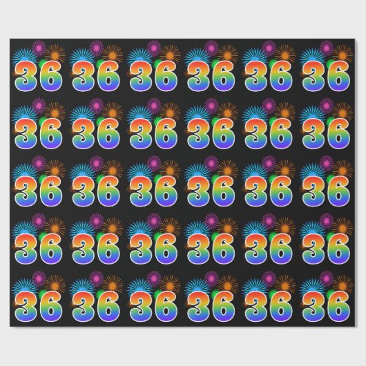 Fun Fireworks + Rainbow Pattern "36" Event Number Cadeaupapier (Vlak)
