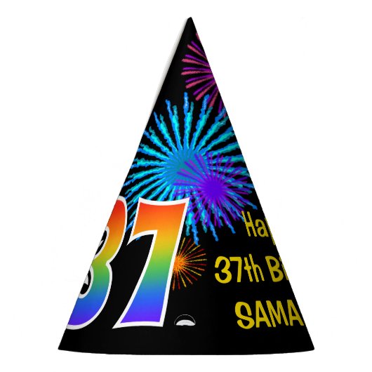 Fun Fireworks + Rainbow Pattern "37" Birthday # Feesthoedjes (Links)