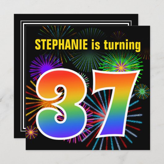 Fun Fireworks + Rainbow Pattern "37" Birthday # Kaart (Voorkant / Achterkant)
