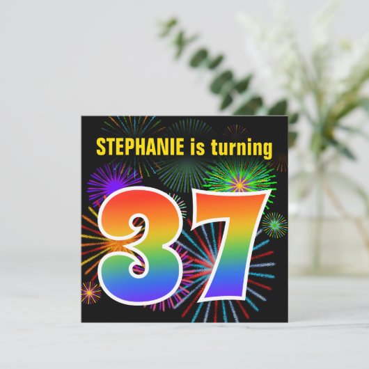 Fun Fireworks + Rainbow Pattern "37" Birthday # Kaart (Staand voorkant)