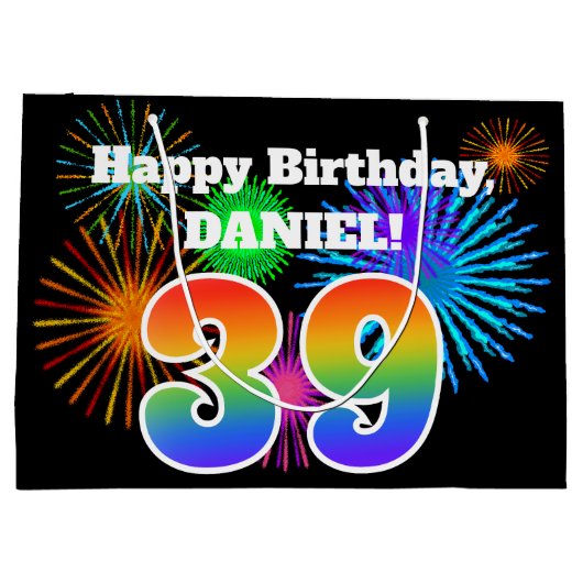 Fun Fireworks + Rainbow Pattern "39" Birthday # Groot Cadeauzakje (Achterkant)