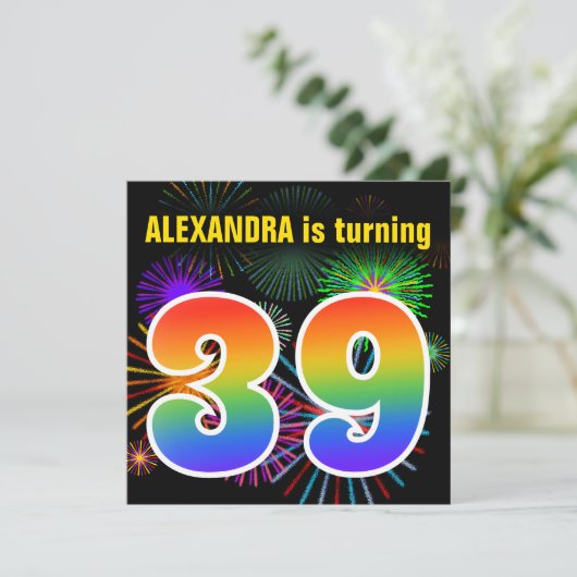 Fun Fireworks + Rainbow Pattern "39" Birthday # Kaart (Staand voorkant)