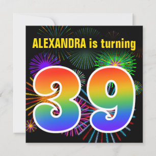 Fun Fireworks + Rainbow Pattern "39" Birthday # Kaart
