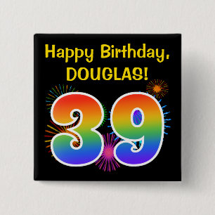 Fun Fireworks + Rainbow Pattern "39" Birthday # Vierkante Button 5,1 Cm