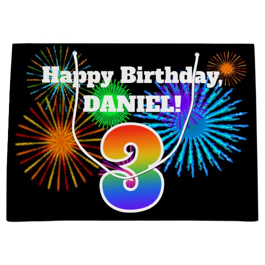 Fun Fireworks + Rainbow Pattern "3" Birthday # Groot Cadeauzakje (Voorkant)
