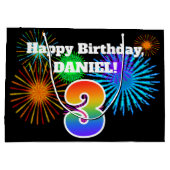 Fun Fireworks + Rainbow Pattern "3" Birthday # Groot Cadeauzakje (Achterkant)