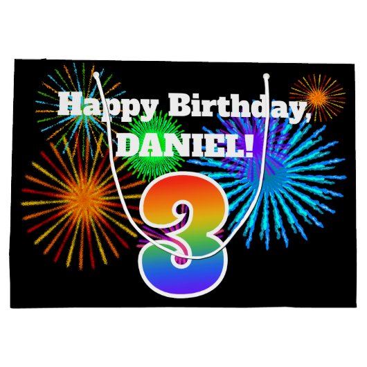 Fun Fireworks + Rainbow Pattern "3" Birthday # Groot Cadeauzakje (Achterkant)