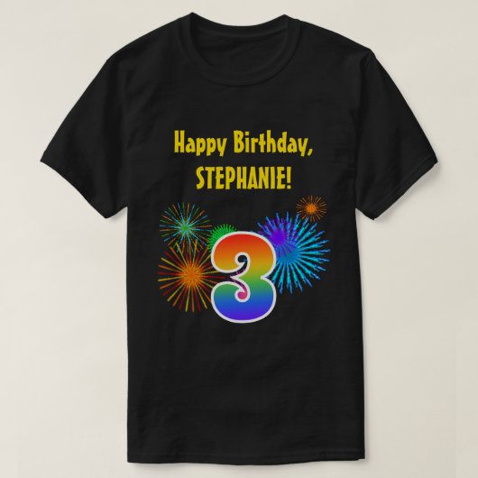 Fun Fireworks + Rainbow Pattern "3" Birthday # T-shirt (Design voorkant)