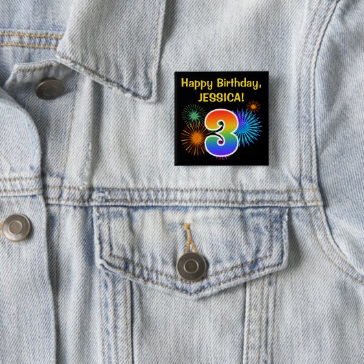 Fun Fireworks + Rainbow Pattern "3" Birthday # Vierkante Button 5,1 Cm (In situ)