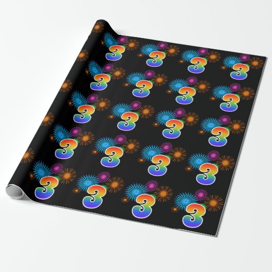Fun Fireworks + Rainbow Pattern "3" Event Number Cadeaupapier (Uitgerold)