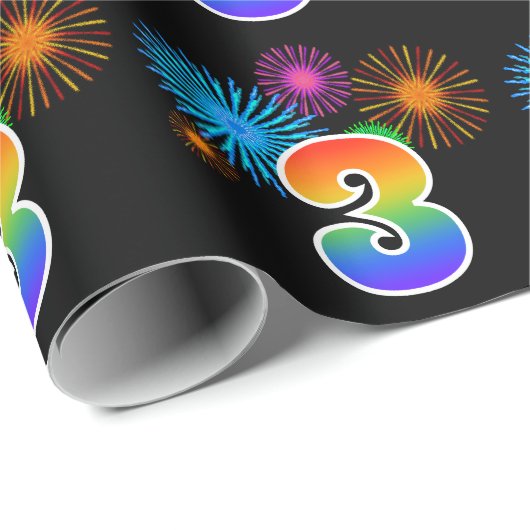 Fun Fireworks + Rainbow Pattern "3" Event Number Cadeaupapier (Rol Hoek)