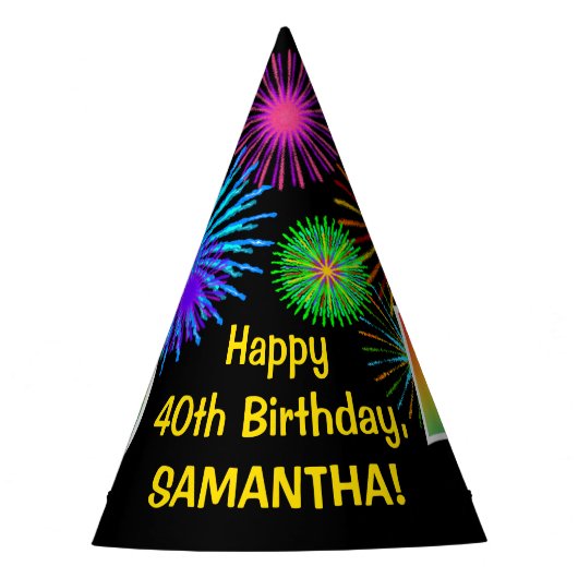 Fun Fireworks + Rainbow Pattern "40" Birthday # Feesthoedjes (Voorkant)