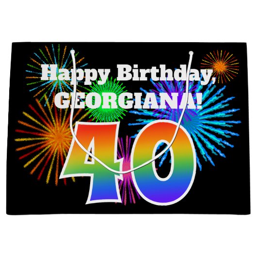 Fun Fireworks + Rainbow Pattern "40" Birthday # Groot Cadeauzakje (Voorkant)
