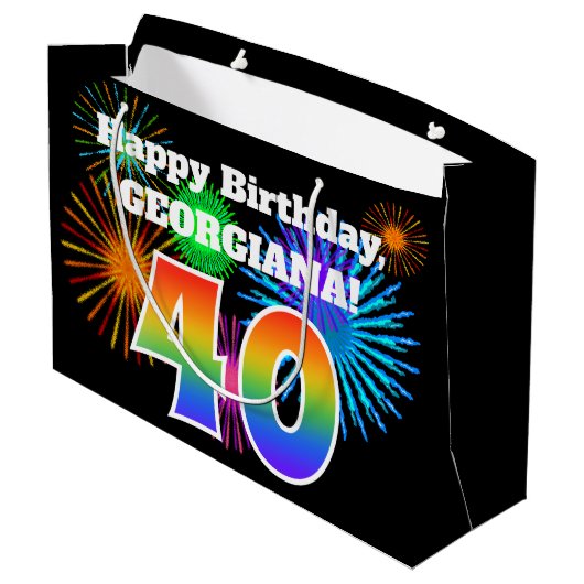 Fun Fireworks + Rainbow Pattern "40" Birthday # Groot Cadeauzakje (Achterkant Gekanteld)