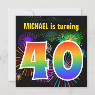 Fun Fireworks + Rainbow Pattern "40" Birthday # Kaart