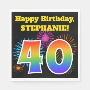 Fun Fireworks + Rainbow Pattern "40" Birthday # Servet