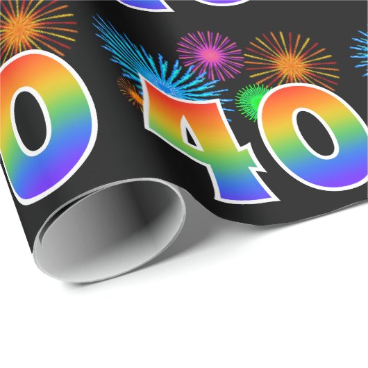 Fun Fireworks + Rainbow Pattern "40" Event Number Cadeaupapier (Rol Hoek)