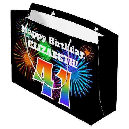 Fun Fireworks + Rainbow Pattern "41" Birthday # Groot Cadeauzakje (Achterkant Gekanteld)