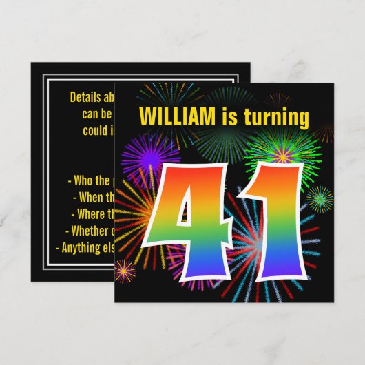 Fun Fireworks + Rainbow Pattern "41" Birthday # Kaart (Voorkant / Achterkant)