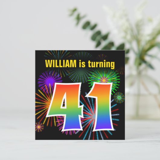 Fun Fireworks + Rainbow Pattern "41" Birthday # Kaart (Staand voorkant)