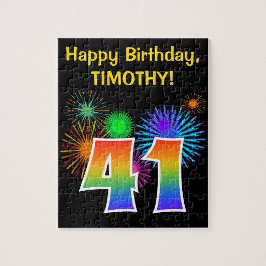 Fun Fireworks + Rainbow Pattern "41" Birthday # Legpuzzel (Verticaal)