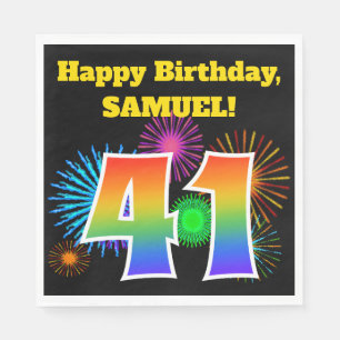 Fun Fireworks + Rainbow Pattern "41" Birthday # Servet