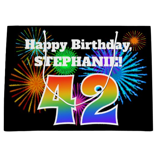 Fun Fireworks + Rainbow Pattern "42" Birthday # Groot Cadeauzakje (Voorkant)