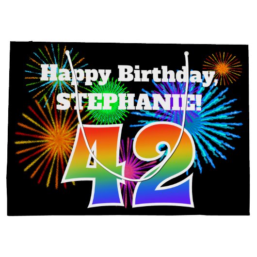 Fun Fireworks + Rainbow Pattern "42" Birthday # Groot Cadeauzakje (Achterkant)