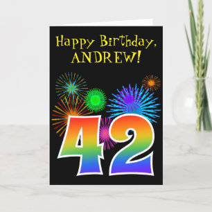 Fun Fireworks + Rainbow Pattern "42" Birthday # Kaart