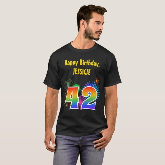 Fun Fireworks + Rainbow Pattern "42" Birthday # T-shirt (Voorkant volledig)