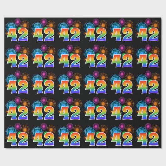 Fun Fireworks + Rainbow Pattern "42" Event Number Cadeaupapier (Vlak)
